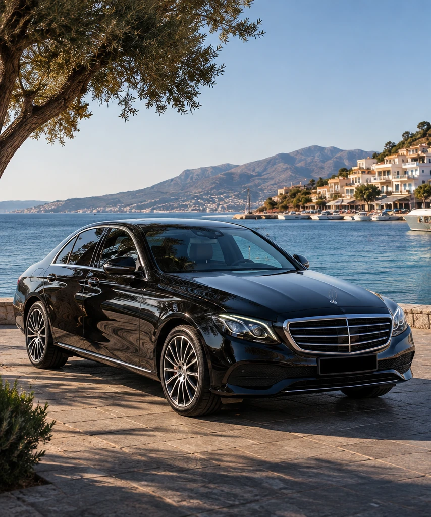 Black Mercedes premium transfer vehicle in Crete
